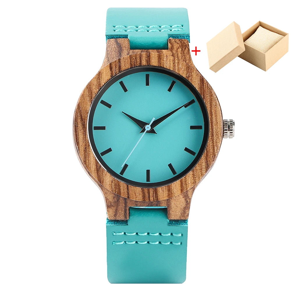Wooden watch with turquoise strap and face, accompanied by a gift box 