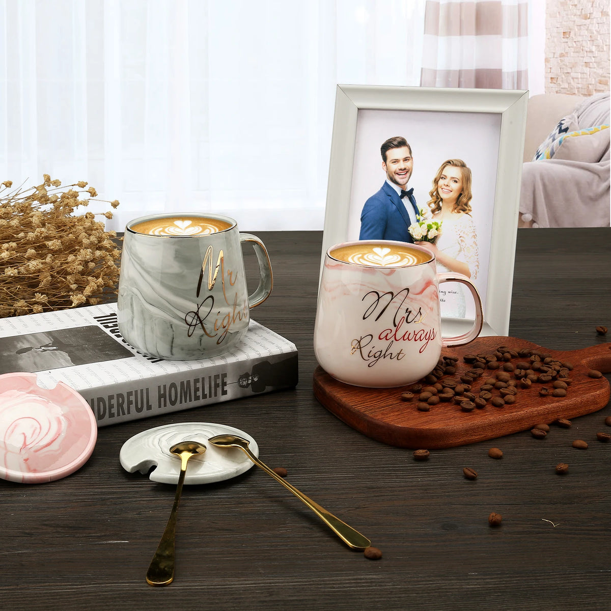 Two coffee mugs with 'Mr. Right' and 'Mrs. Always Right' text on a table with coffee beans and a photo frame.