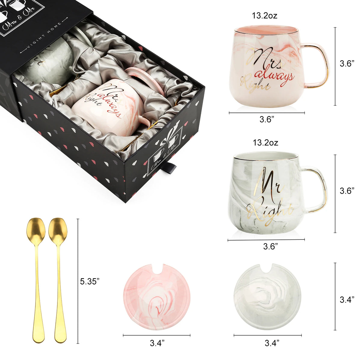 Set of mugs with 'Mr. Right' and 'Mrs. Always Right' text, gold spoons, and packaging.