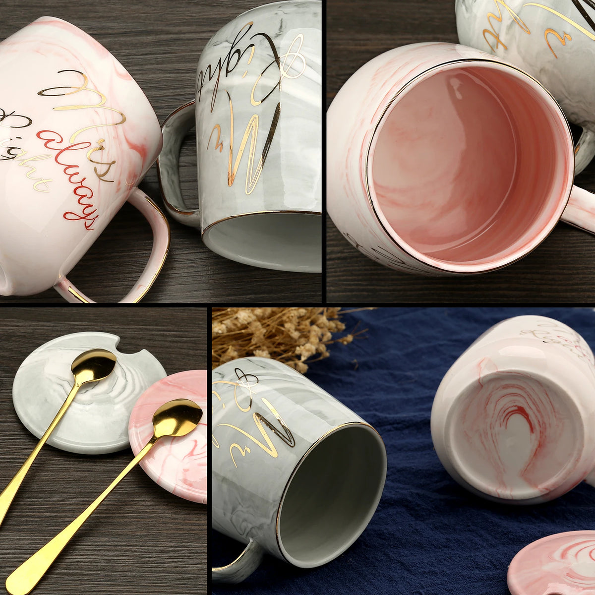 Collage of pink and gray mugs with decorative text, gold spoons, and a marble pattern.