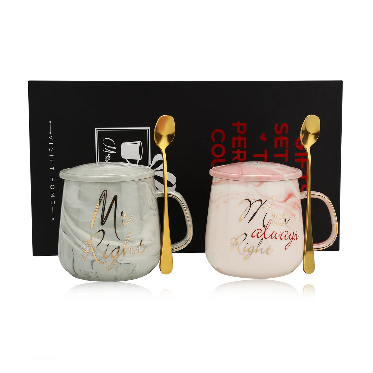 Two mugs with 'Mr. Right' and 'Mrs. Always Right' text, gold spoons, and a black gift box.