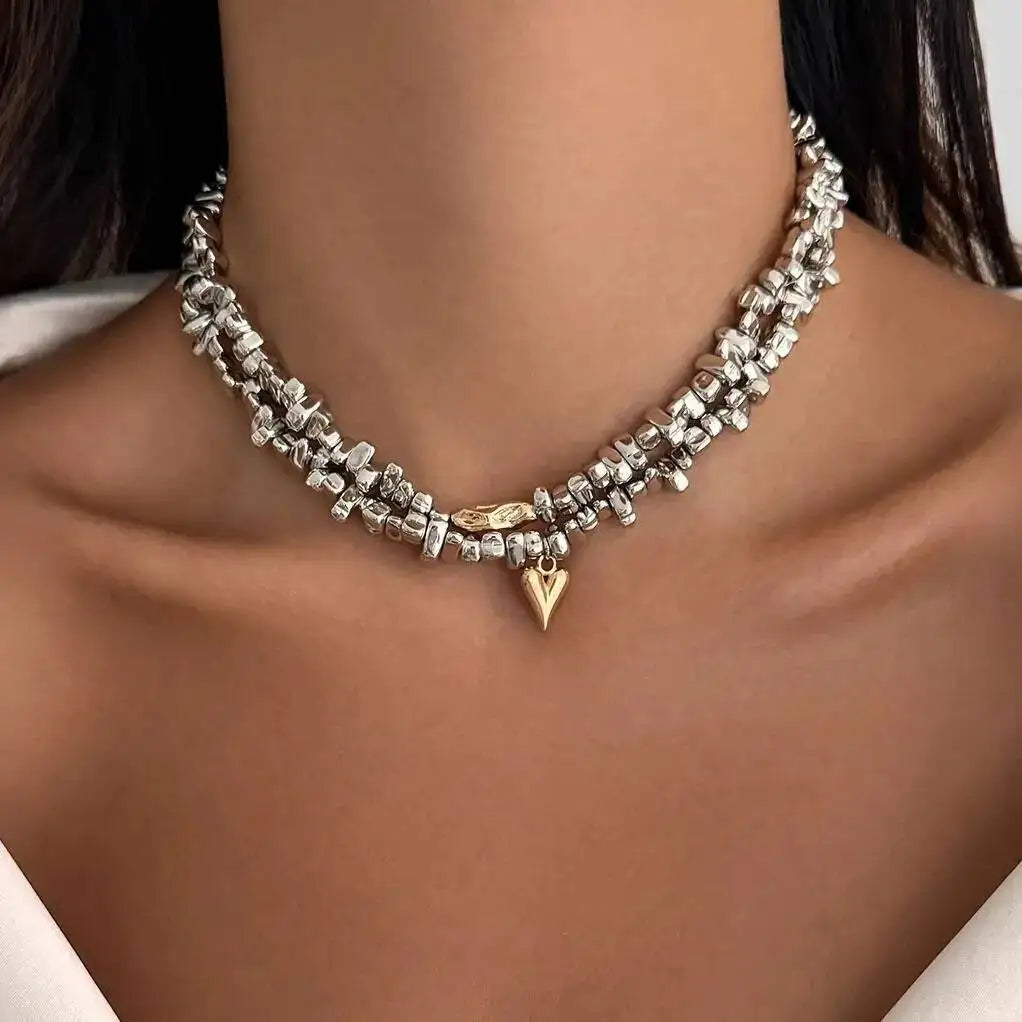 Luxury Silver Choker Necklace with Gold Heart Accent
