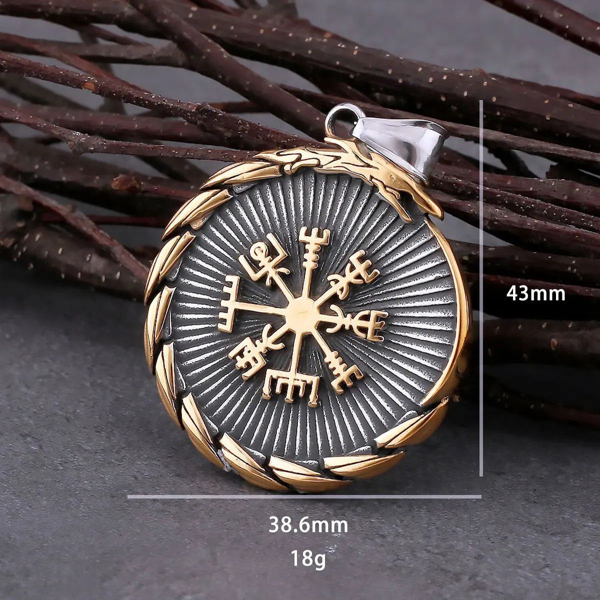 Vegvisir pendant with measurements on a dark background