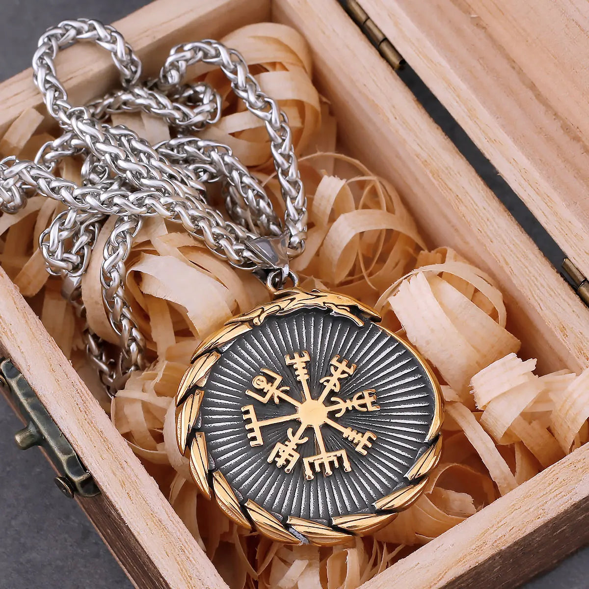 Viking compass pendant with chain in a wooden box
