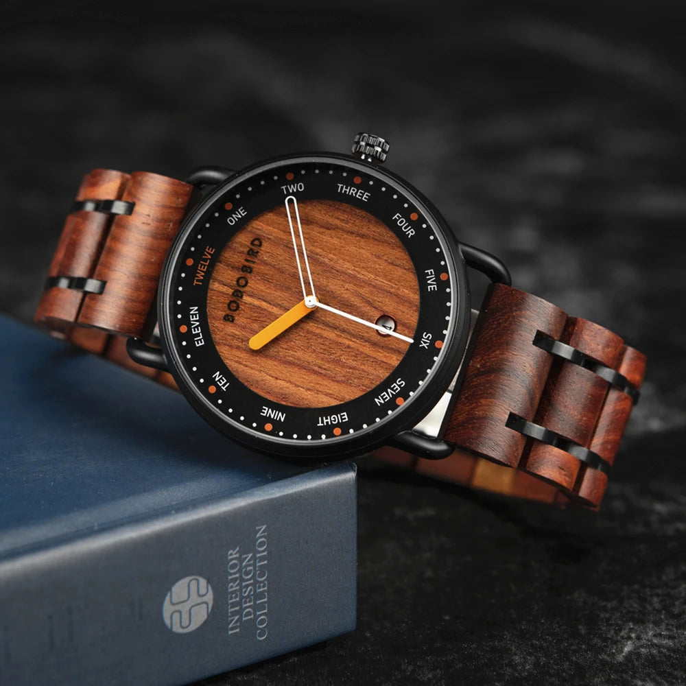 Wooden wristwatch with a dark strap 